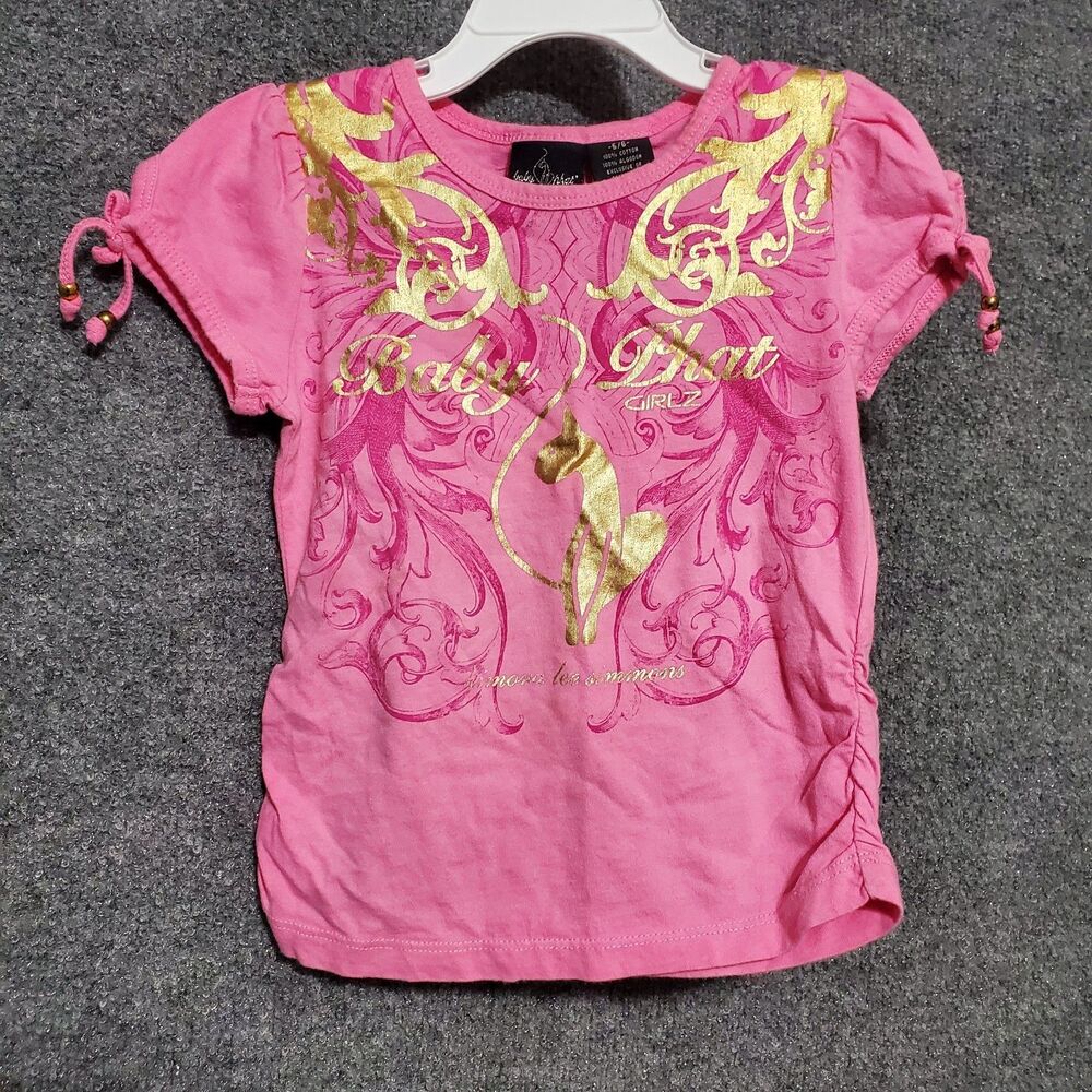 Vintage Baby Phat Short Sleeve Shirt Girls Size 5/6 Pink Gold Y2K Cat Hip Hop